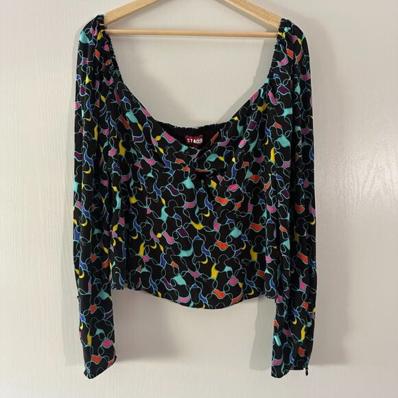 STAUD Black Multicolor‎ Print Smocked L/S Sweetheart Neck Josephine Top Size 12 - Picture 2 of 9